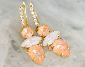 Orange Crystal Drop Earrings, Light Peach Dangle Earrings, Peach Fuzz Drop Earrings, Bridal Peach Rhinestone Earrings, Peach Earrings