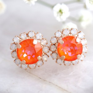 Orange Stud Earrings, Neon Orange Crystal Studs, Burnt Orange Crystal stud earring, Bierhtday Gift For Her, Orange Studs For Girls