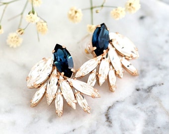 Blue Navy Earrings, Bridal Blue Navy Crystal Earrings, Blue Sapphire Crystal Earrings, Dark Blue Cluster Earrings