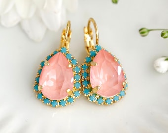 Flamingo Pink Turquoise Earrings, Pink Flamingo Earrings, Peach Drop Earrings, Bridesmaids Earrings, Peach Bridal Earrings, Gift for Woman