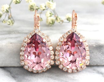 Pendientes rosas, pendientes rosas antiguos, pendientes rosas de novia, pendientes colgantes de cristal rosa, pendientes de dama de honor, pendientes colgantes rosa ruborizado