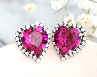 Heart Stud Earrings, Fuchsia Pink Crystal Heart Earrings, Pink Crystal Stud Earrings, Valentines Gift For Her, Pink Heart Statement Earrings