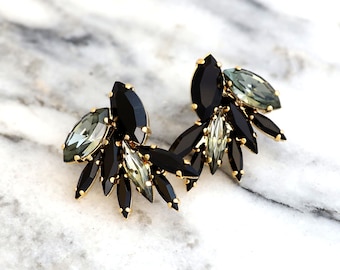 Black Earrings, Black Gray Gold Cluster Earrings, Bridal Black Gray Crystal Cluster Earrings, Black Gold Crystal Earrings, Gift For Her