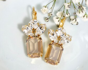 Bridal Chamagne Crystal Drop Earrings, Light Gold Gold Drop Earrings, Taupe Crystal Earrings, Gift For Her, Light gold Earrings