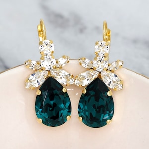 Emerald Green Bridal Earrings, Dark Green Crystal Earrings, Bridal Emerald Earrings, Green Emerald Dangle Earrings, Green Wedding Earrings