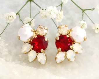 Red Ruby Crystal Earrings, Bridal Red Cluster Crystal Earrings, Bridesmaids Earrings, Pearl Stud Earrings, Garnet Red Stud Crystal Earrings