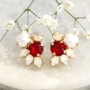 Red Ruby Crystal Earrings, Bridal Red Cluster Crystal Earrings, Bridesmaids Earrings, Pearl Stud Earrings, Garnet Red Stud Crystal Earrings