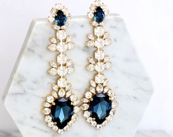 Blue Navy Statement LONG EARRINGS, Bridal Blue Navy Earrings, Blue Sapphire Crystal Earrings, Navy Blue Chandelier Earrings, Blue Earrings