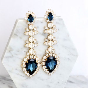 Blue Navy Statement LONG EARRINGS, Bridal Blue Navy Earrings, Blue Sapphire Crystal Earrings, Navy Blue Chandelier Earrings, Blue Earrings