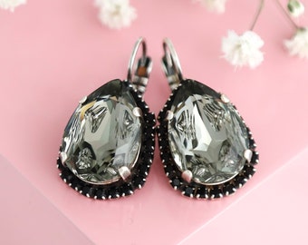Silver Gray Crystal Drop Earrings, Bridal Black Gray Earrings, Gift for Bridesmaids, Elegant Bridal Gray Crystal Jewelry, Gift For Her