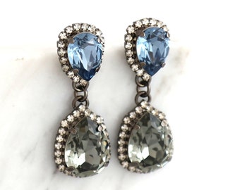 Blue Gray Earrings, Blue Navy Earrings, Gray Drop Earrings, Bridal Blue Gray Chandelier Earrings, Dark Blue Crystal Chandelier Earrings