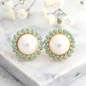 Pearl Earrings, Pearl Turquoise Stud Earrings, Gift For Her, Bridesmaids Earrings, Bridal Pearl Earrings, Bridal White Pearl Turquoise Studs image 1