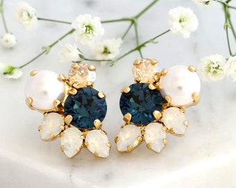 Navy Blue Earrings, Bridal Blue Navy Stud Earrings, Dark Blue Sapphire Crystal Earrings, Bridesmaids Earrings, Pearl Stud Crystal Earrings