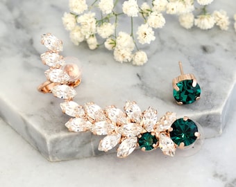 Emerald Ear Cuff, Green Emerald Ear cuff earrings, Bridal Green Climber Crystal Earrings, Trending Climber Earrings, Rock-enroll Bridal