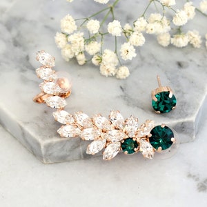 Emerald Ear Climber, Zielone kolczyki Emerald Ear cuff, Zielone kolczyki ślubne Climber Crystal, Trendy kolczyki Climber, Rock-enroll Bridal
