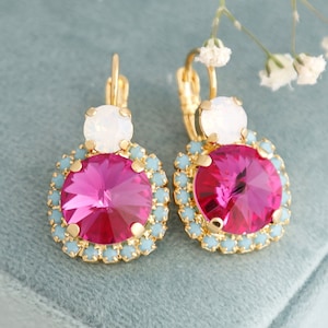 Pink Drop Earrings, Pink Turquoise Drop Earrings, Fuchsia Pink Turquoise Dangle Earrings, Crystal Pink Fychsia Earrings, Bridesmaids Jewelry