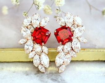 Red Crystal Earrings, Bridal Red Crystal Earrings, Scarlet Red Cluster Crystal Earrings, Ruby Red Cluster Stud Earrings, Gift For Her