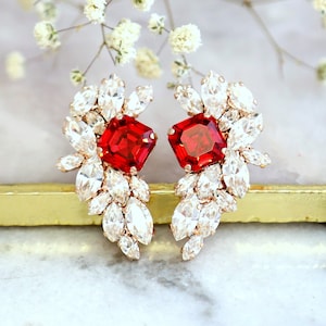 Red Crystal Earrings, Bridal Red Crystal Earrings, Scarlet Red Cluster Crystal Earrings, Ruby Red Cluster Stud Earrings, Gift For Her image 1