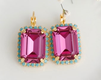 Dark Pink Drop Earrings, Hot Pink Crystal Drop Earrings, Pink Blue Emerlad Cut Earrings, Gift For Woman, Handmade Earrings, Pink Earrings
