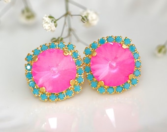 Neon Pink Crystal Earrings, Electric Hot Pink Crystal Stud Earrings, Brideamids Earrings, Hot Pink Crystal Stud Earrings, Gift For Her