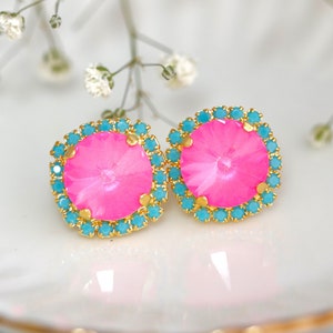 Neon Pink Crystal Earrings, Electric Hot Pink Crystal Stud Earrings, Brideamids Earrings, Hot Pink Crystal Stud Earrings, Gift For Her