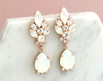 White Opal Clip On Earrings, Bridal LONG Clip On Earrings, Bridal Opal Crystal Earrings, Clip On Earrings, Opal Gold Chandelier Earrings