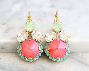 Coral Earrings, Coral Mint Drop Crystal Earrings, Gift For Her, Orange Green Earrings, Orange Crystal Earrings, Coral Mint Gold Earrings