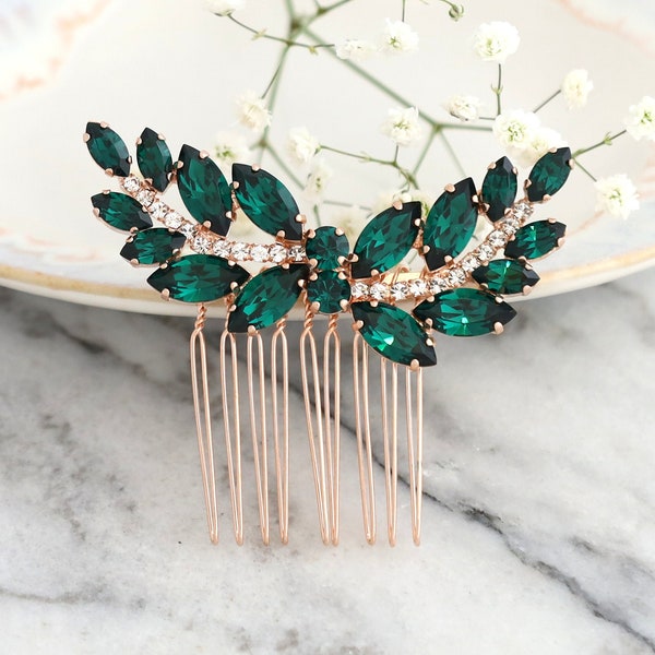 Bridal Hair Comb, Emerald Green Bridal Hair Comb, Dark Green Hair Comb, Bridal Hair Accessories, Emerald Green Rose Gold Hair Comb