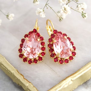 Red Pink Drop Earrings, Pink Red Bridal Earrings, Red Ruby Blush Rose Earrings, Bridesmaids Earrings, Bridal Pink Crystal Earrings,