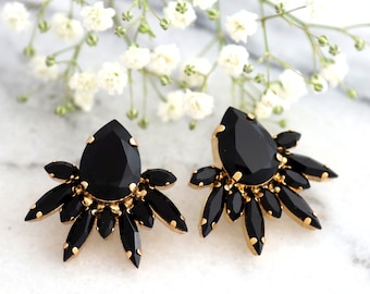 Black Gold Earrings, Black Crystal Earrings, Black Cluster Earrings, Bridal Cluster Black Earrings, Bridesmaids Earrings, Black Studs
