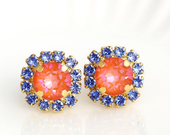 Orange Blue Stud Earrings, Orange Crystal Gold Stud Earrings, Blue Orange earrings, Bridesmaids jewelry, Burnt Orange Crystal Earrings