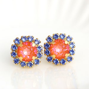 Orange Blue Stud Earrings, Orange Crystal Gold Stud Earrings, Blue Orange earrings, Bridesmaids jewelry, Burnt Orange Crystal Earrings