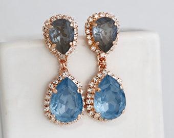 Blue Gray Crystal Earrings, Blue Denim Dark Grat Crystal Chandelier Earrings, Navy Blue Gray Crystal Earrings, Blue Gray Wedding Jewelry