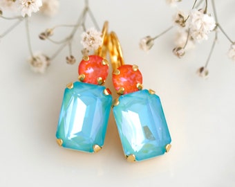 Turquoise Orange Earrings, Orange Blue Aqua Sunset Glow Earrings, Coral Mint Crystal Drop Earrings, Handmade Crystal Earrings Gift For Her