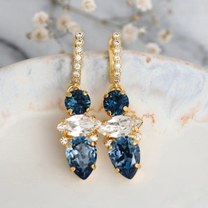 Blue Navy Crysatl Drop Earrings, Navy Blue Crystal Drop Earrings, Blue Sapphire Bridal Earrings, Blue Navy Dangle Earrings, Gift For Her