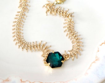 Pulsera verde esmeralda, pulsera nupcial de cristal esmeralda, pulsera de dama de honor, pulsera nupcial de oro verde oscuro, pulsera bohemia de oro esmeralda