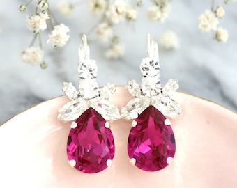 Pink Drop Earrings, Fuchsia Crystal Drop Silver Earrings, Pink Silver Earrings, Hot Pink Earrings, Bridesmaids Earrings, Fuchsia Earrings