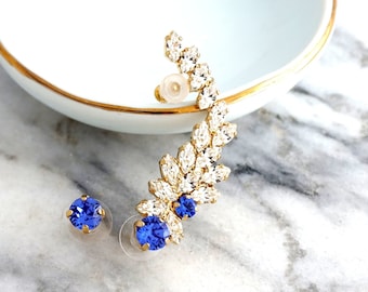 Sapphire Blue Climber Earrings, Royal Blue Ear cuff earrings, Bridal Blue Climber Crystal Earrings, Sapphire Ear Climber Earrings.