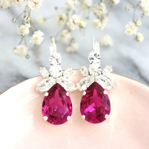 Pink Drop Earrings, Fuchsia Crystal Drop Silver Earrings, Pink Silver Earrings, Hot Pink Earrings, Bridesmaids Earrings, Fuchsia Earrings