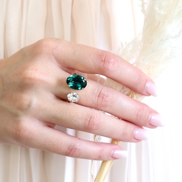 Emerald Ring, Emerald Cocktail Crystal Ring, Statement Green Emerald Ring, Emerald Crystal Green Adjustable Ring, Christmas Gift For Her