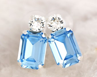 Aquamarine Bridal Earrings, Light Blue Silver Stud Earrings, Blue Silver Crystal Classic Stud Earrings , Gift For Her, Bridesmaids Earring.