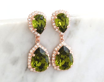 Green Long Earring, Bridal Olive Green Crystal Long Earrings, Olive Green Chandelier Bridal Earrings, Olive Green Crystal Drop Earrings