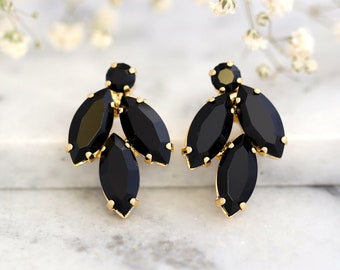 Black Clip On Earrings, Bridal Black Crystal Earrings, Black  Gold Stud Crystal Earrings, Clip On Earrings, Bridesmaids Clip On Earrings
