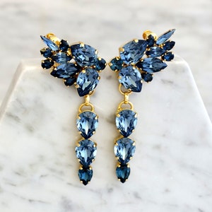 Blue Navy Chandelier Earrings, Blue Navy Climbing Chandelier Earrings, Bridal Dark Blue Earrings, Statement Blue Navy Ear Crawler Earrings image 1