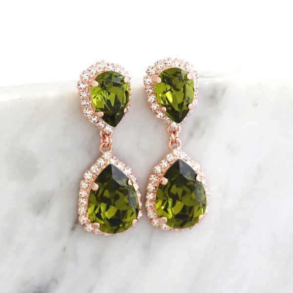 Green Long Earring, Bridal Olive Green Crystal Long Earrings, Olive Green Chandelier Bridal Earrings, Olive Green Crystal Drop Earrings