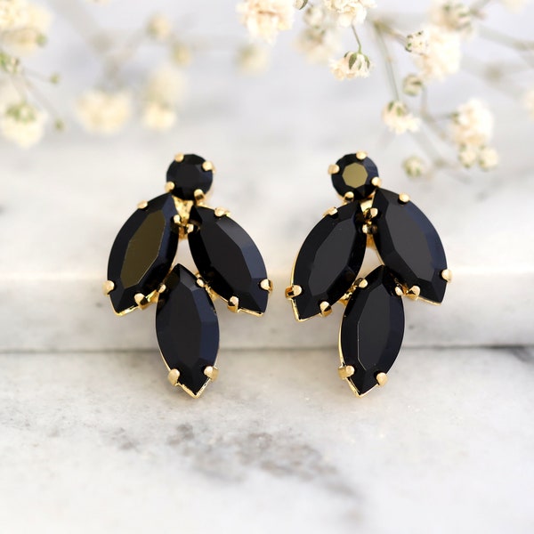 Black Clip On Earrings, Bridal Black Crystal Earrings, Black  Gold Stud Crystal Earrings, Clip On Earrings, Bridesmaids Clip On Earrings