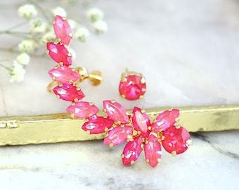 Ear Climber Earrings, Pink Ear cuff earrings, Red Pink Crystal Earrings, Bridal Ear Crawlers, Pink Crystal, Pink Gold Ear Crawler Earring