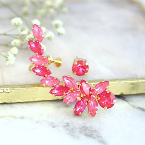 Ear Climber Earrings, Pink Ear cuff earrings, Red Pink Crystal Earrings, Bridal Ear Crawlers, Pink Crystal, Pink Gold Ear Crawler Earring