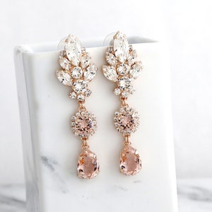 Blush Pink BRIDAL LONG EARRINGS, Bridal Blush Rose Chandeliers, Morganite Crystal Long Chandelier Earrings, Bridal Dusty Rose Earrings image 3
