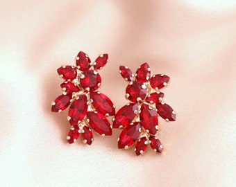 Ruby Red Earrings, Red Crystal Bridal Earrings, Garnet Red Earrings, Bridal Ruby Red Cluster Crystals, Bridesmaids Earrings, Red Earrings